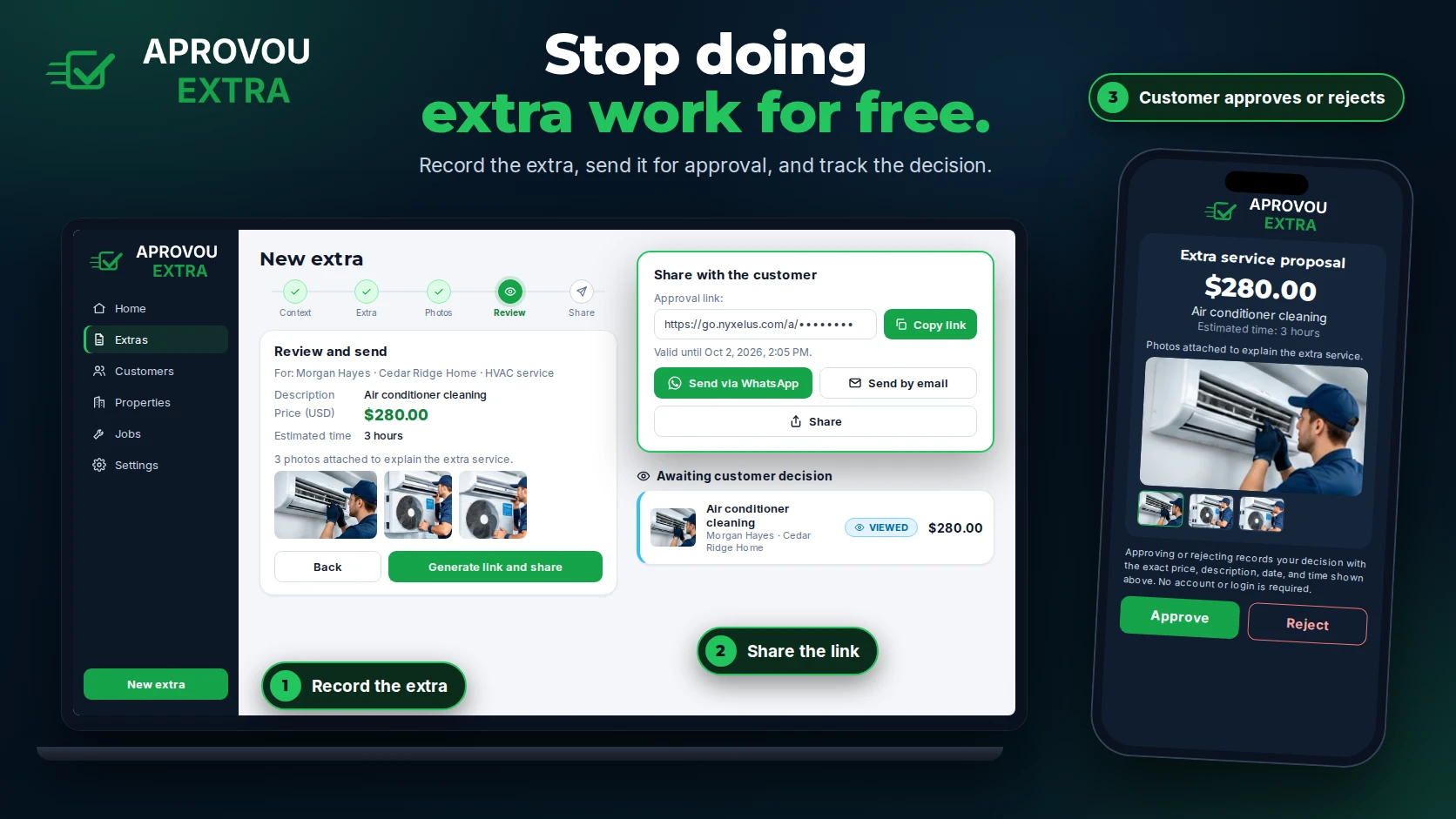 Aprovou Extra: record the extra, share the approval link, and track the decision; on the phone, the customer sees the extra service proposal with price, estimated time, and photos, and chooses Approve or Reject.