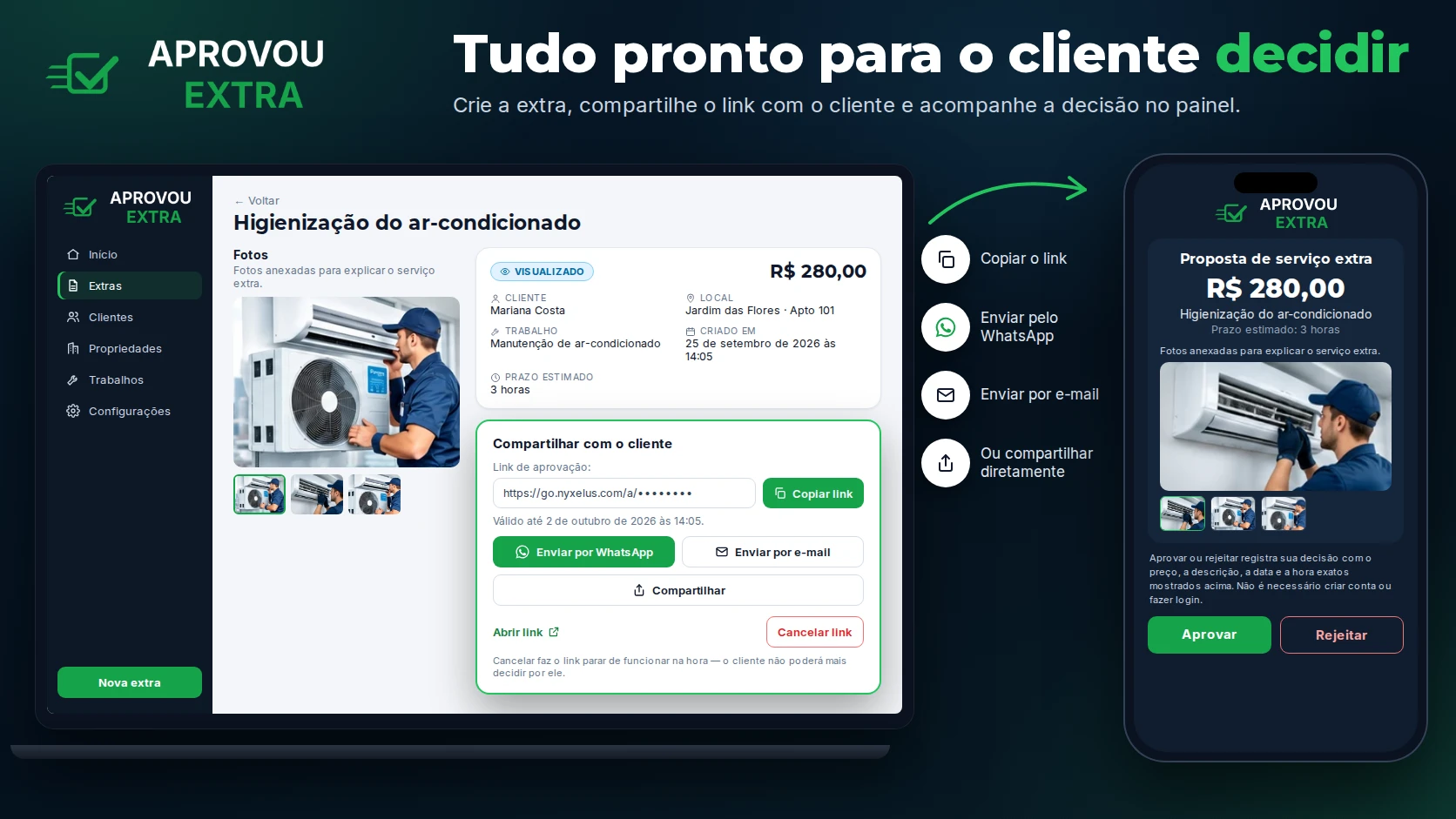 Tela do profissional com os detalhes da extra e o compartilhamento do link (copiar, WhatsApp, e-mail ou compartilhar), ao lado da página do cliente com a proposta, as fotos e os botões Aprovar e Rejeitar.