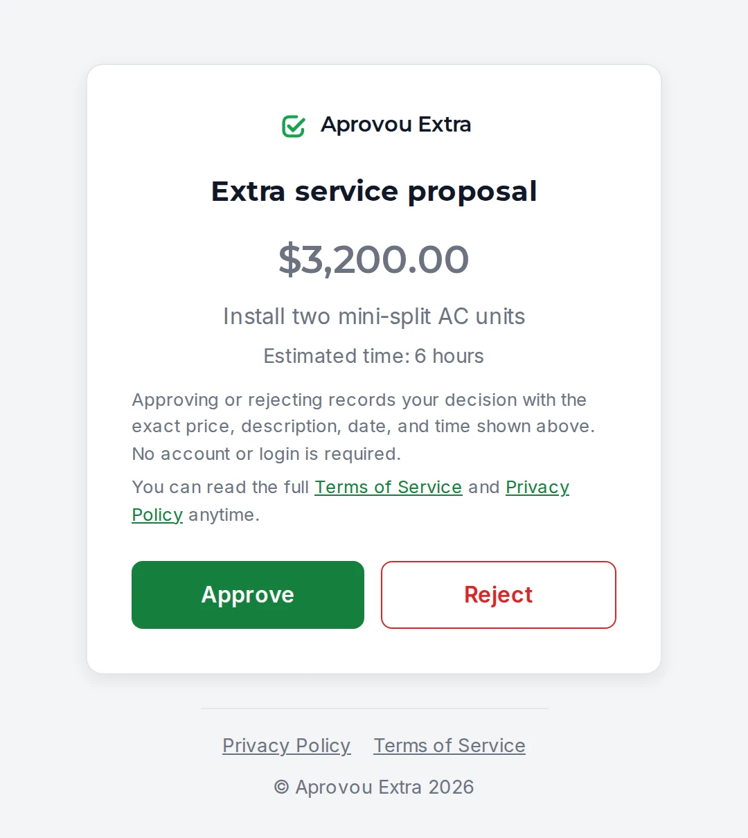 The real Aprovou Extra approval page: the add-on request with description, price and estimated time, and the Approve and Decline buttons the customer uses, no account needed.